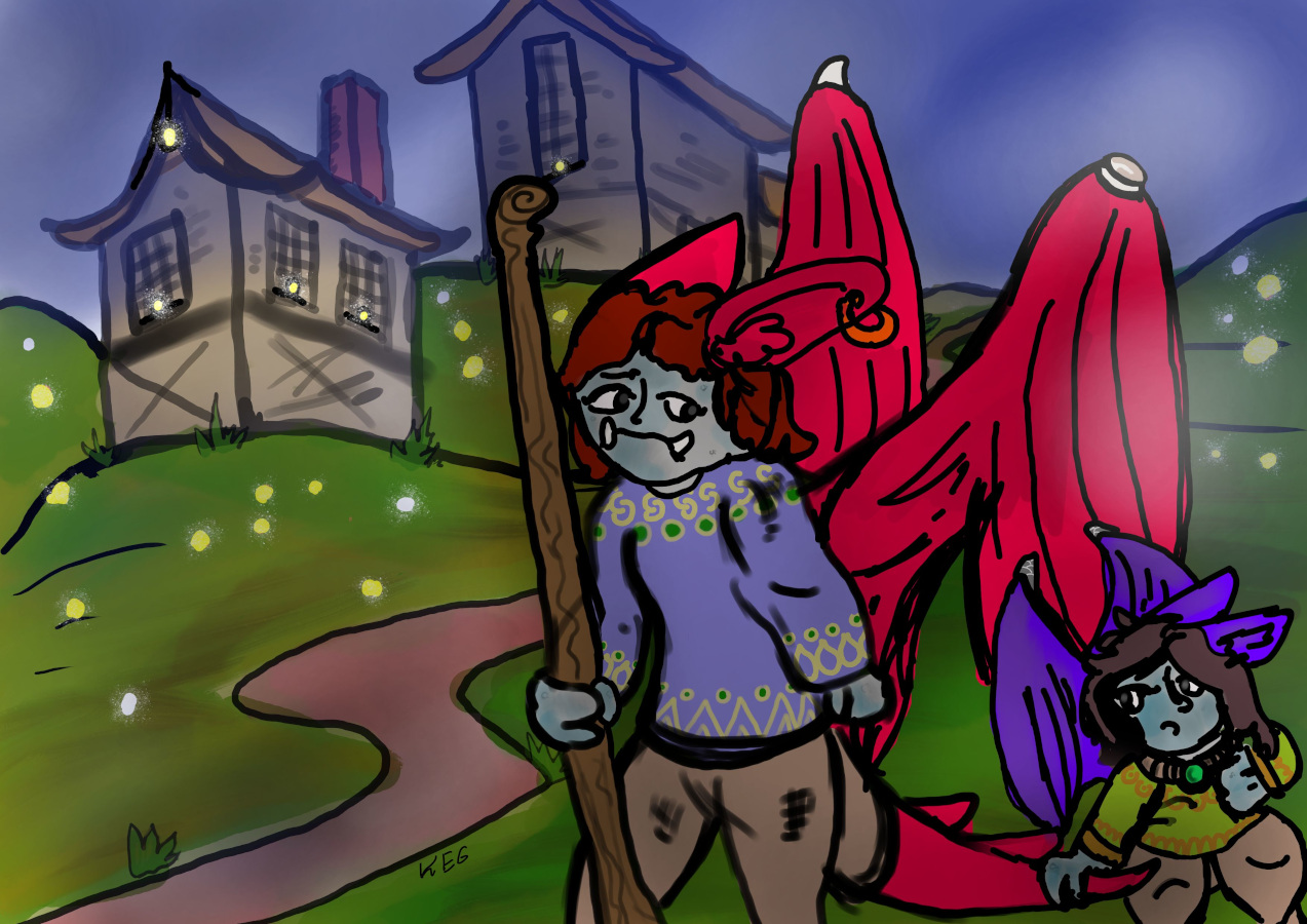 A weary winged gaurdian leads a grumpy winged child through a misty landscape.