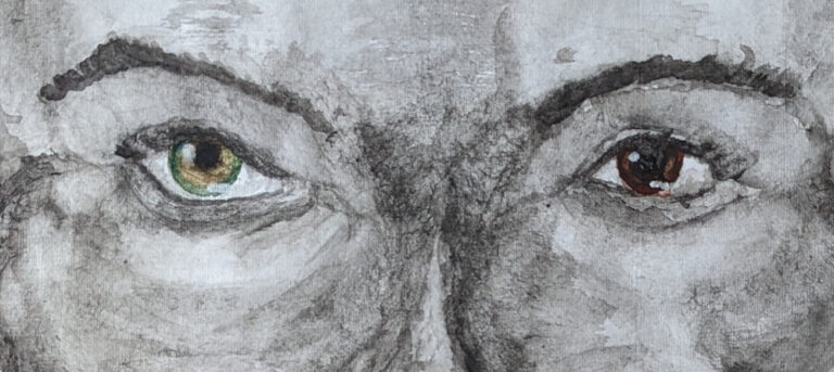 a hand drawn ink and watercolor portrait of a young woman's eyes with one brown and one hazel.
